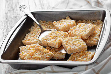 close-up of no bake coconut crack bars