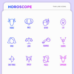 Set of zodiacal icons for horoscope wheel, chart, banner, web site. Vector illustration in thin line style.