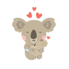 Vector koala mother with a small koala and hearts. Excellent for the design of postcards, posters, stickers and so on.