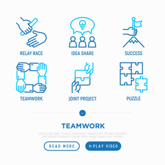 Teamwork thin line icons set: relay race, success, idea share, joint project, unity. Modern vector illustration.
