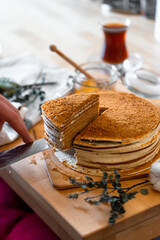 Homemade Honey Cake on Wooden Rustic Table, Russian Traditional Cuisine. Medovik