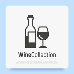 Logotype for wine bar and wine making. WIne glass and bottle. Thin line icon. Modern vector illustration.