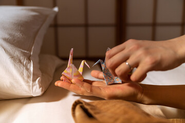 Kinoe Ryokan, birds origami in tatami room under the starry night