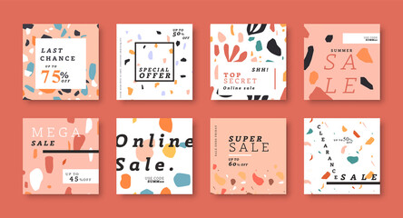 Naklejka na ściany i meble Trendy sale template collection with minimalist style terrazzo print background. Fashion store discount promotion flyers for summer clearance or special online offer event. Abstract business ad set.