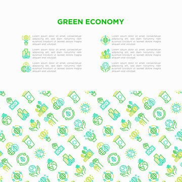 Green economy concept with thin line icons: financial growth, green city, zero waste, circular economy, green politics, global consumption. Vector illustration for environmental issues.