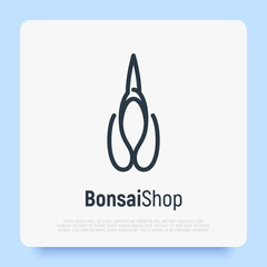 Logo for plant, bonsai or flower shop with scissors. Japanese culture. Vector illustration in thin line style.