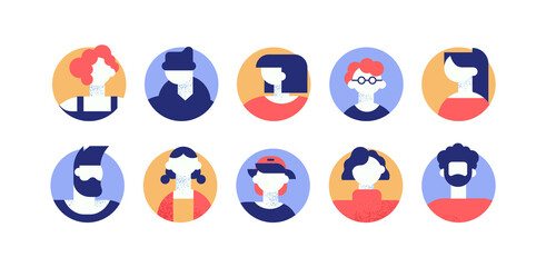 Fototapeta premium Diverse people avatar set on isolated white background. Young person portrait icon collection in modern minimalist style. Flat men and women cartoon for social media or community project.