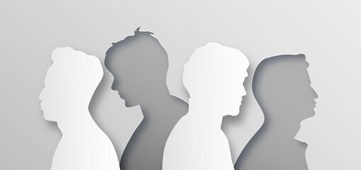 Men people group illustration in abstract layered paper cut style. All male team for men's issues or man psychology concept. Modern papercut design of boy crowd from side profile view.