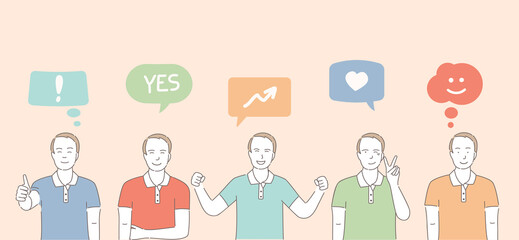 Set of different male emotions with speech bubbles. Young man feeling positive, good emotions. Happiness, joy, wink, smile, love, and success expressions vector cartoon outline illustration.