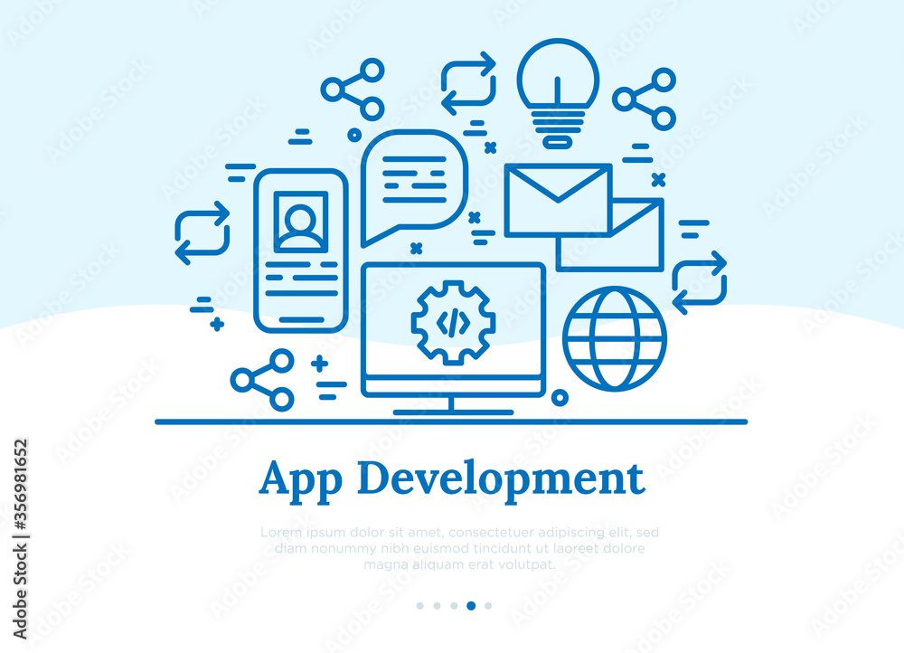 Poster app development concept. mobile technology: programming, ui, communication, design. thin line icons.