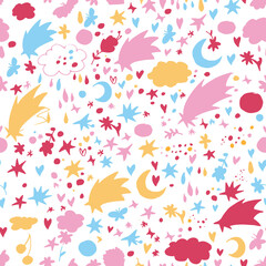 Obraz premium Hand drawn vector tile pattern with stars, moon, clouds, flower, butterfly, sweets. Isolated on white. Simple sweet kids nursery illustration. Graphic design for apparel.
