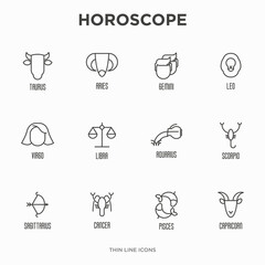 Set of zodiacal icons for horoscope wheel, chart, banner, web site. Vector illustration in thin line style.