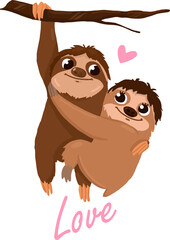 cute love sloths cartoon illustration vector