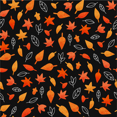 Hand drawn autumn leaves seamless pattern, watercolor tree leaf doodle background for fall season event or nature design.