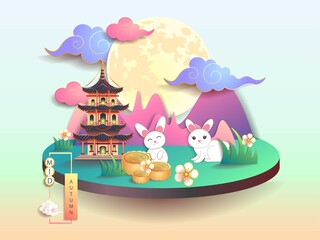 Mid autumn festival / Chinese festival with the moon, moon cake, rabbits, pagoda, cloud and flowers on color paper. Vector illustration
