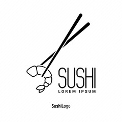 Logo for sushi bar, cafe, seafood restaurant. Chopsticks holding shrimp. Thin line vector illustration.