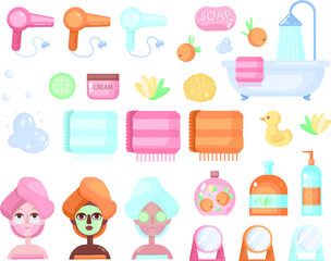 Skin care routine icons. Various beauty objects. Face care concept. Cleansing, moisturizing, treating. Hand drawn vector set. Cartoon style. Flat design. All elements are isolated