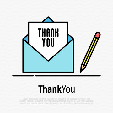 'Thank you' concept written on white sheet in envelope and pencil near. Thin line vector illustration.
