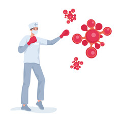 Young doctor or male nurse in uniform and protective medical mask fighting with red Coronavirus cells vector flat cartoon illustration. Stop and fight the global pandemic of Covid-19 concept.