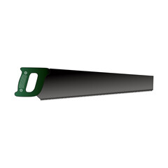 Saw for sawing wood by one person. Tool for sawing wooden boards, plywood. Hand saw with a green handle, isolated, on a white background.
