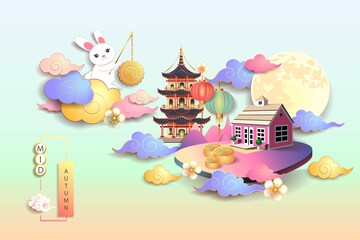 Mid autumn festival / Chinese festival with the moon, moon cake, rabbit, pagoda, house, cloud and flowers on color paper. Vector illustration