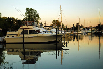 Dusk sets in on a luxury yacht club in Westport, Connecticut