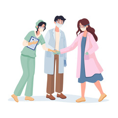 Doctors and nurses teamwork vector flat cartoon illustration. Young medical workers in uniform, protective glasses, and masks during coronavirus outbreak. Stop Covid-19 pandemic concept.