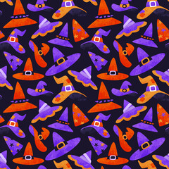 Obraz premium Witch hat seamless pattern with halloween cartoon in hand drawn watercolor style. Cute icon background for october holiday or fantasy concept