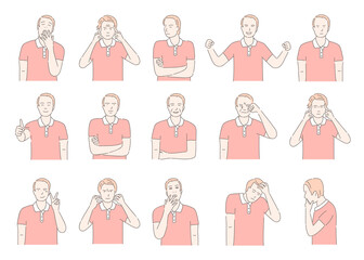 Set of different facial emotions. Male portrait with positive and negative expressions cartoon outline illustration. Young man portrait smiling, happy, thinking, angry, surprise, bored, sad.