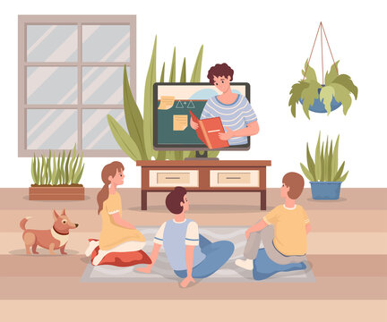 Online education, internet learning vector flat cartoon illustration. Children sitting at home and listening to video lessons with teacher. Distant learning during coronavirus outbreak and quarantine.