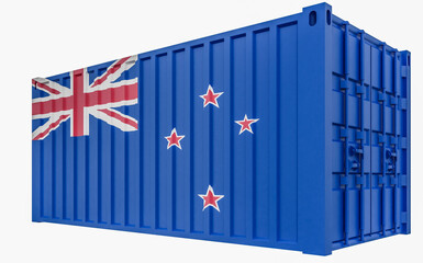 3D Illustration of Cargo Container with New Zealand Flag