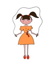 A little girl in an orange dress is jumping rope smiling.