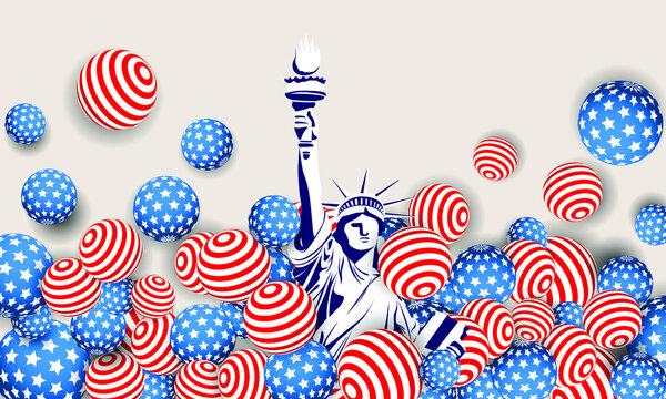 4th of July USA Independence Day Vector Background With liberty of statue and American Theme Balls for banner, poster, advertisement, promotion, brochure, discount, sale - Powered by Adobe