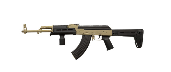 Classic AK automatic carbine in a modern body kit. Soviet army weapons isolate on a white back.