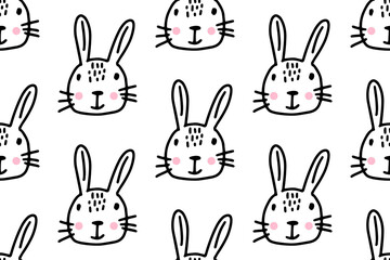 Hand drawn lines cartoon bunny. Doodle seamless pattern for kids isolated on white background.