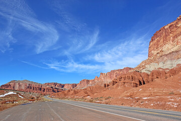 Road through Capitol Reef National Park, Utah, in winter