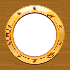 Blank ship porthole on wooden background.Vector illustration of gold ship porthole with wooden background.