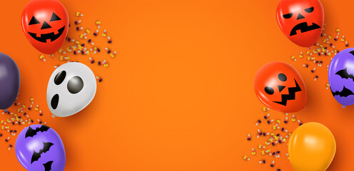 Halloween background template with realistic 3d balloons and candy corn in top view angle. Empty copy space holiday backdrop for season event or party invitation.