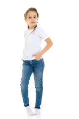 Girl in Blank White Shirt and Blue Jeans Standing Half Turn