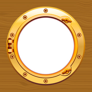 Blank ship porthole on wooden background.Vector illustration of gold ship porthole with wooden background.