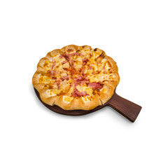 Hawaiian pizza with pineapple and salty ham served on a wooden plate isolate on white background