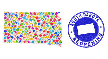 Celebrating South Dakota State map mosaic and reopening rubber watermark. Vector mosaic South Dakota State map is created of randomized stars, hearts, balloons.