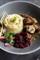 Swedish meatballs with cranberry jam and mashed potato