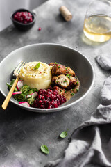 Swedish meatballs with cranberry jam and mashed potato