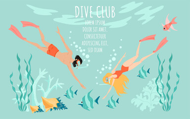 The couple explores the underwater world. Diving club vector banner template with two divers surrounded by fish, algae and coral.