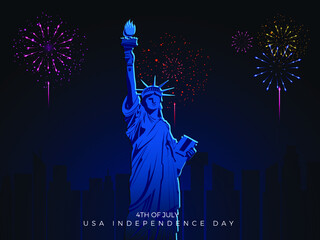 4th of July USA Independence Day Vector Background With liberty of statue and Fire Works for banner, poster, advertisement, promotion, brochure, discount, sale