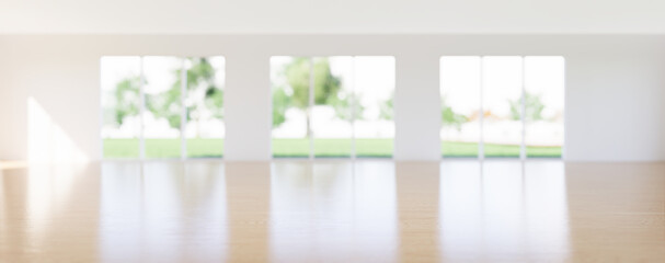 3d rendering of empty room and wood floor shiny reflection with clear glass door in perspective view, clean and new condition use to background.