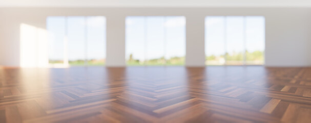 3d rendering of empty room and wood floor shiny reflection with clear glass door in perspective view, clean and new condition use to background.