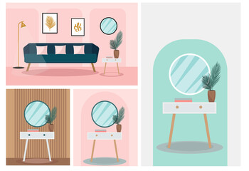 Modern trendy interior design . Plant in the room, retro furniture,Velvet sofa in the living room, Round mirror on a vintage pedestal table in the bedroom. Vector illustration
