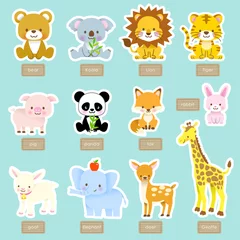 Fotobehang Speelgoed Een groep schattige dieren met namen / tijgers, panda& 39 s, giraffen, koala& 39 s, olifanten, beren, leeuwen, vossen, varkens, konijnen, herten, geiten